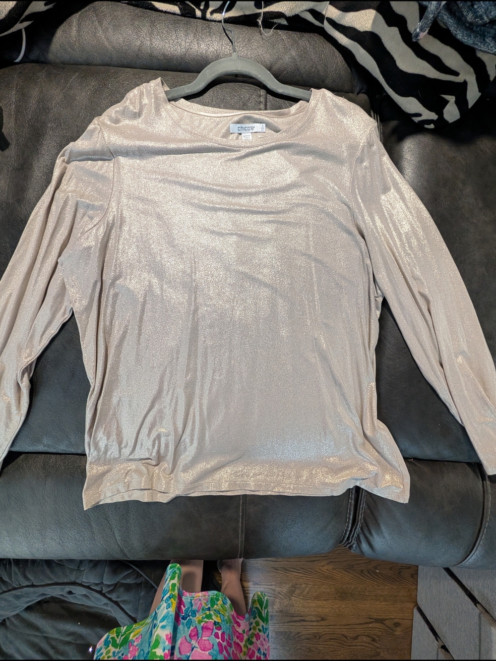 Chico's Shimmery Foiled Stretch Long-Sleeve Top in Light Champagne